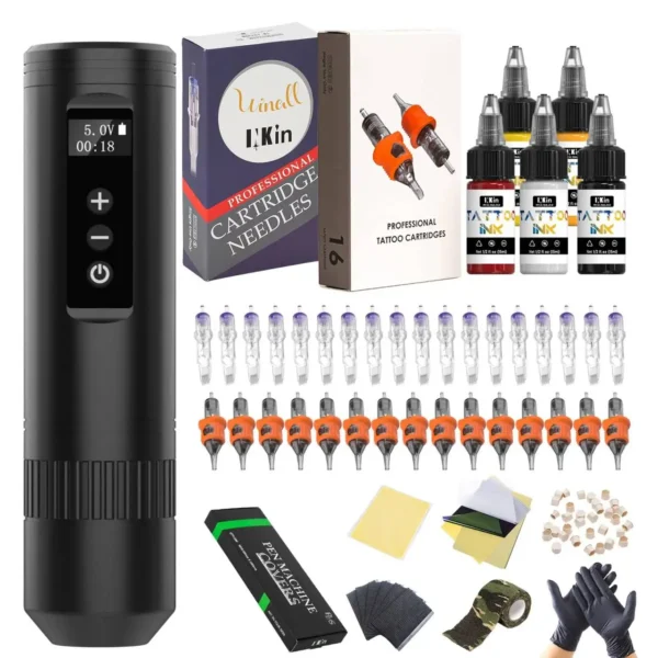 INKIN Tattoo Kit Wireless Tattoo Pen Machine LED Display 2000mAh Battery Tattoo Ink Cartridge Needles Supplies for Artist